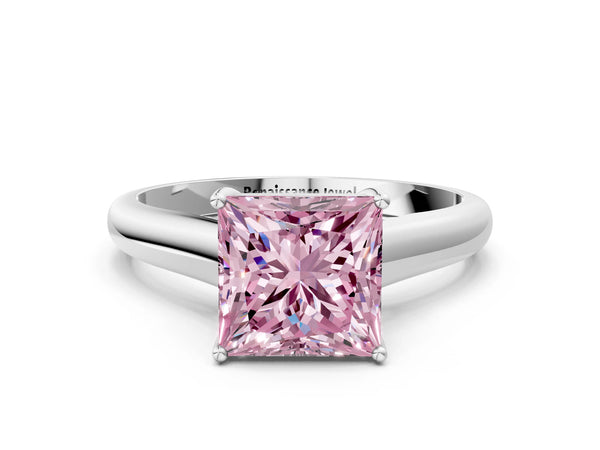 White gold Fancy Pink Princess Cut Cut Diamond Solitaire Engagement Ring with Tapered Plain Band and Four-Prong Setting