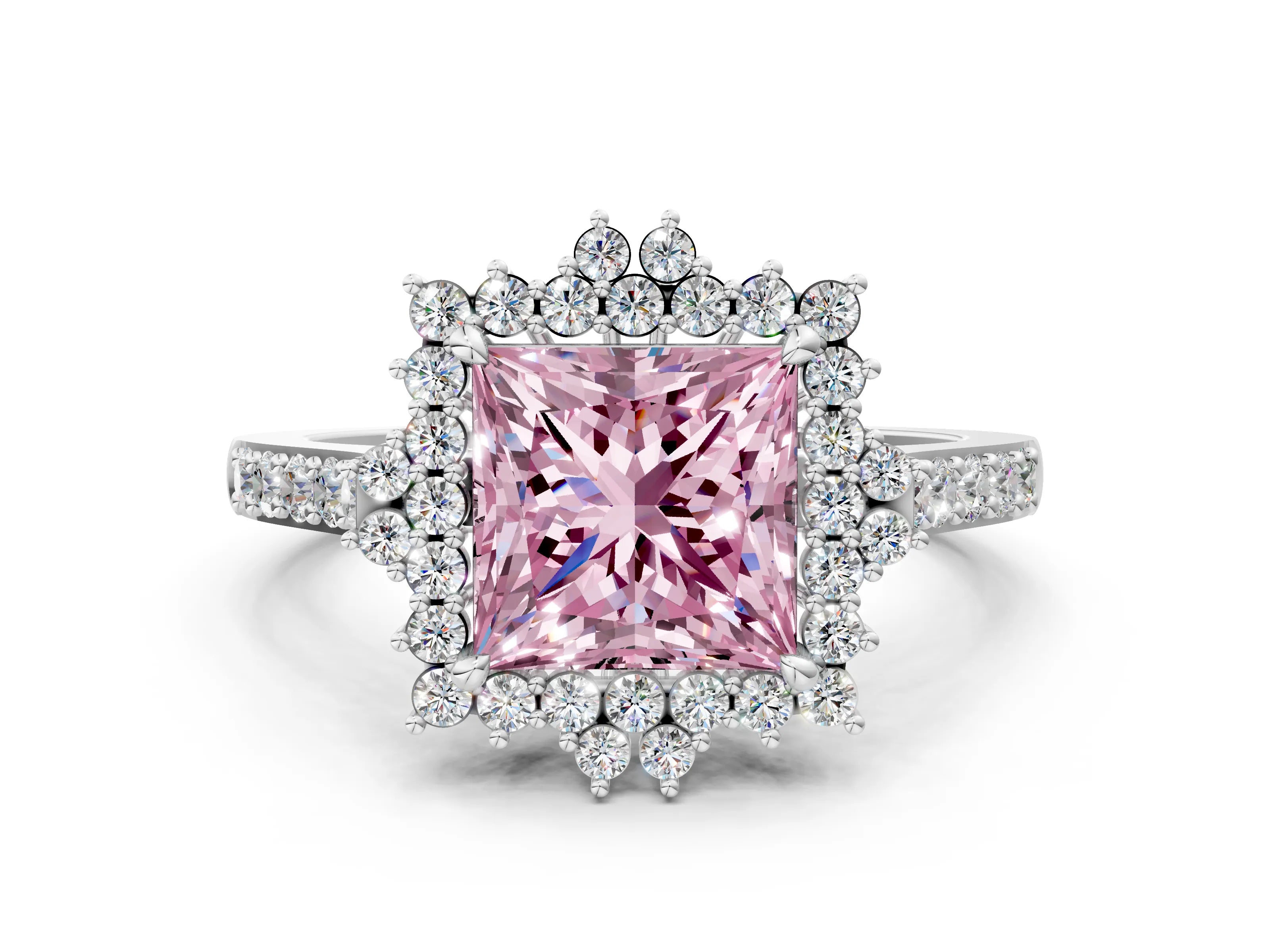 White gold Fancy Pink Princess Cut Cut Diamond Sunburst Halo Engagement Ring with Pavé Band_12