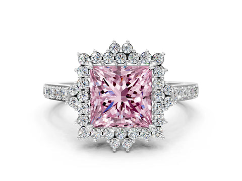 White gold Fancy Pink Princess Cut Cut Diamond Sunburst Halo Engagement Ring with Pavé Band_12