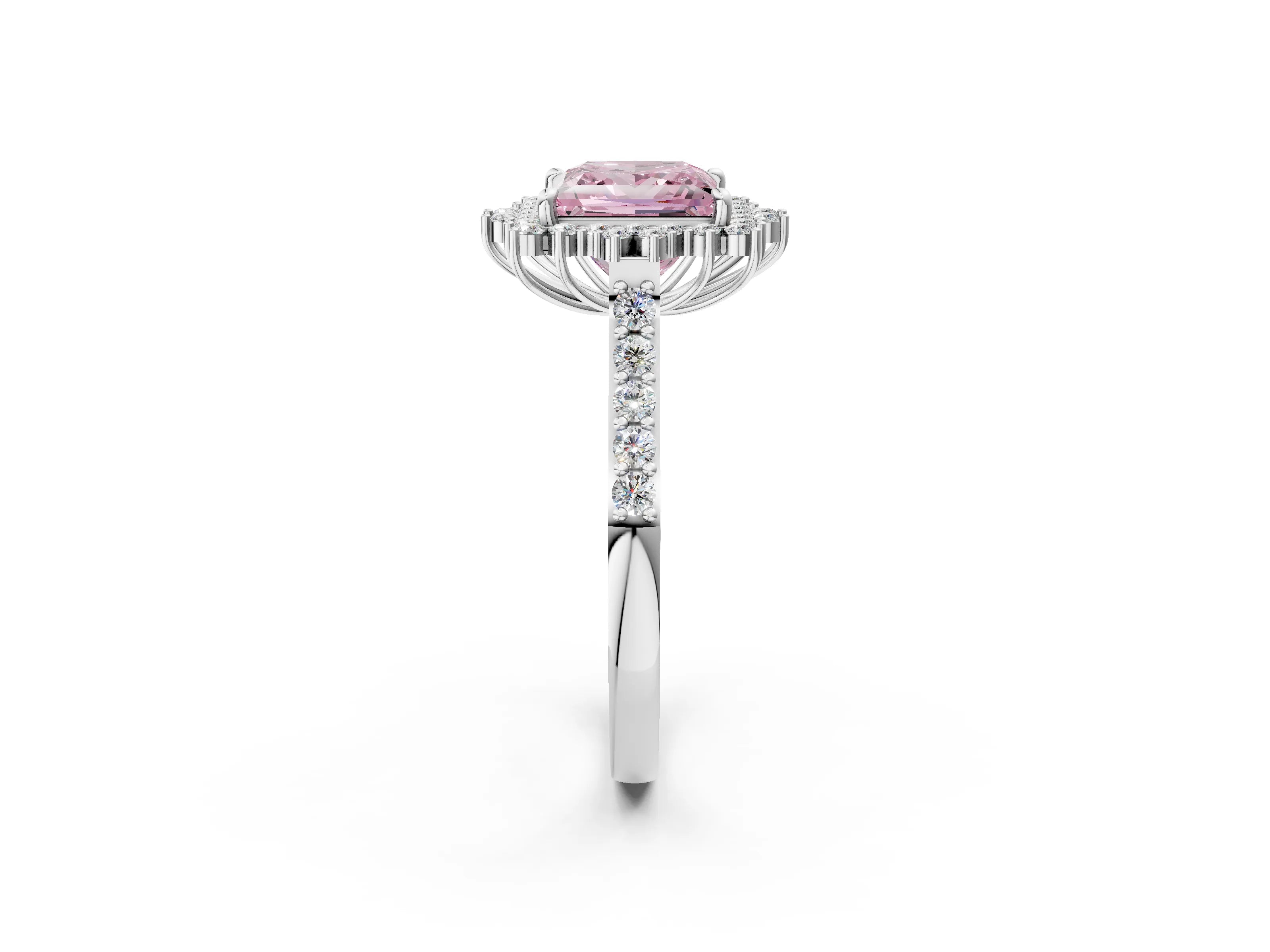 White gold Fancy Pink Princess Cut Cut Diamond Sunburst Halo Engagement Ring with Pavé Band_14