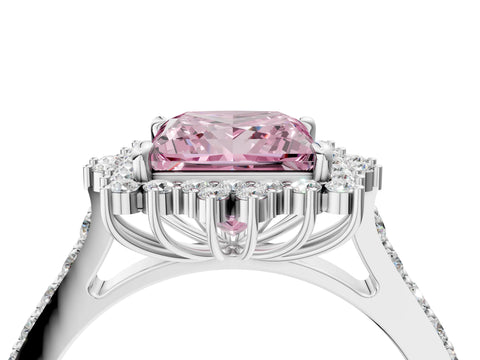 White gold Fancy Pink Princess Cut Cut Diamond Sunburst Halo Engagement Ring with Pavé Band_16