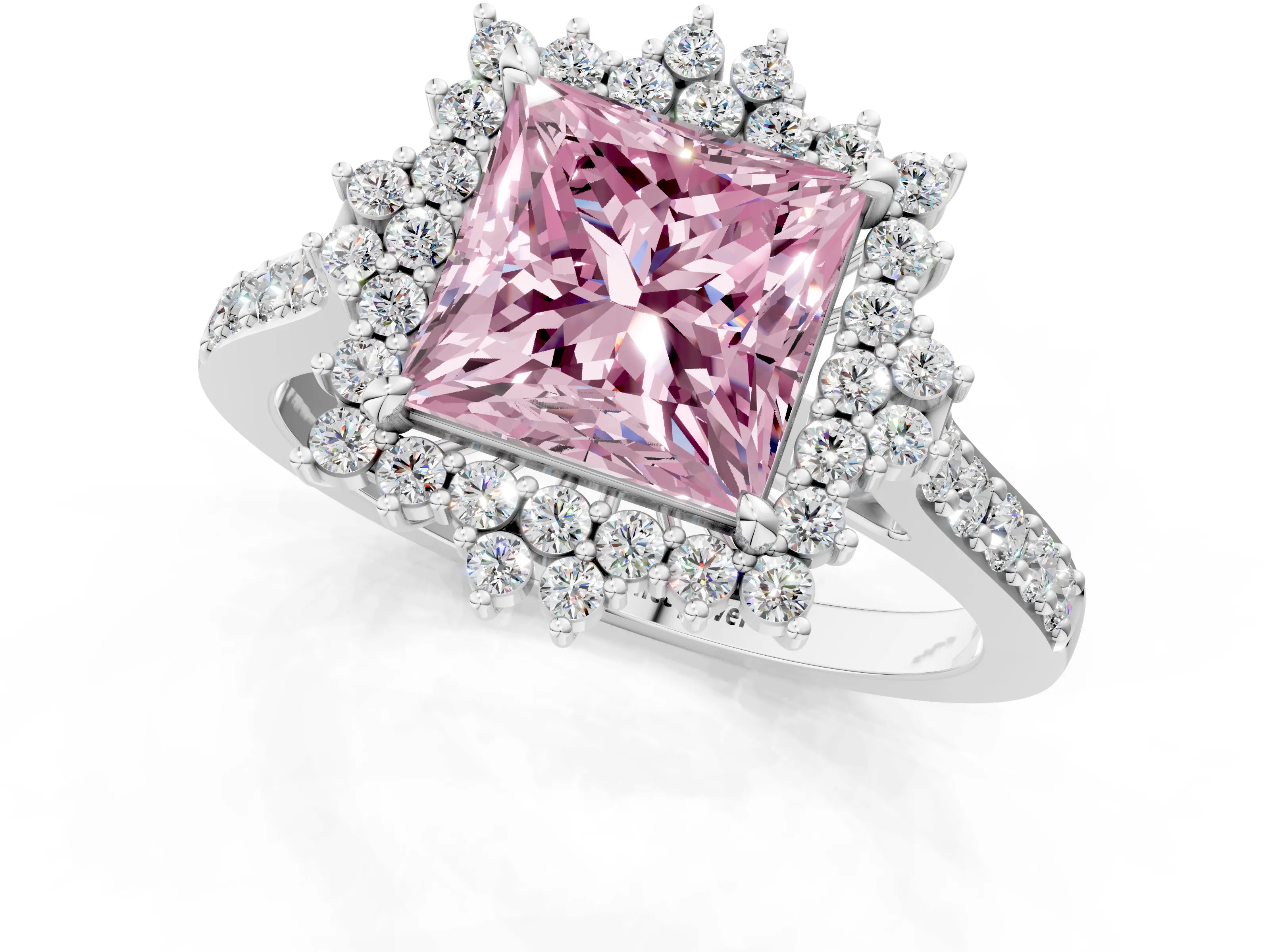 White gold Fancy Pink Princess Cut Cut Diamond Sunburst Halo Engagement Ring with Pavé Band_1