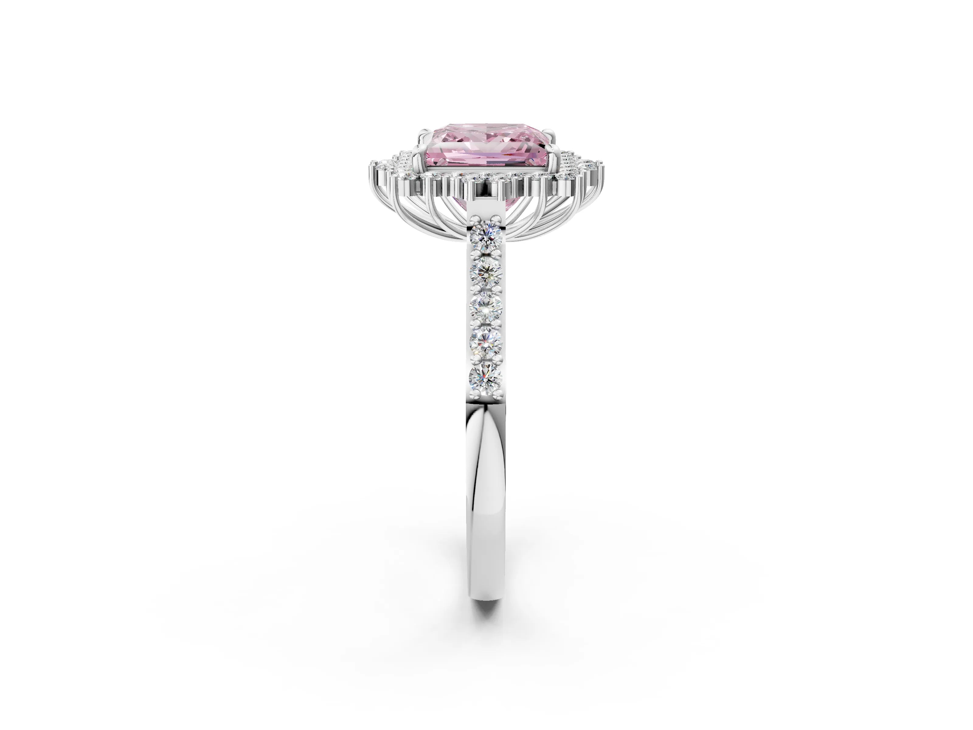 White gold Fancy Pink Princess Cut Cut Diamond Sunburst Halo Engagement Ring with Pavé Band_2