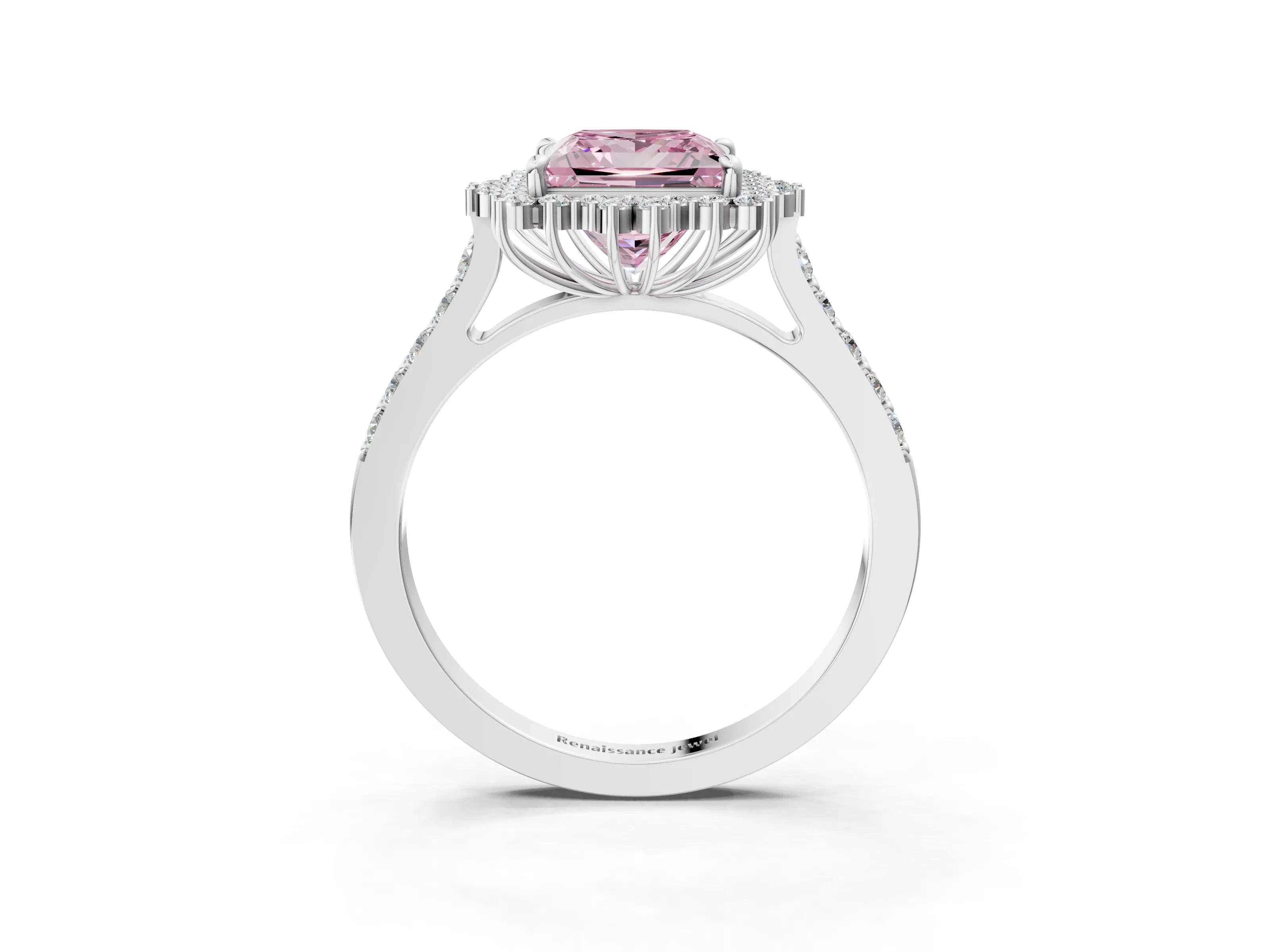White gold Fancy Pink Princess Cut Cut Diamond Sunburst Halo Engagement Ring with Pavé Band_3