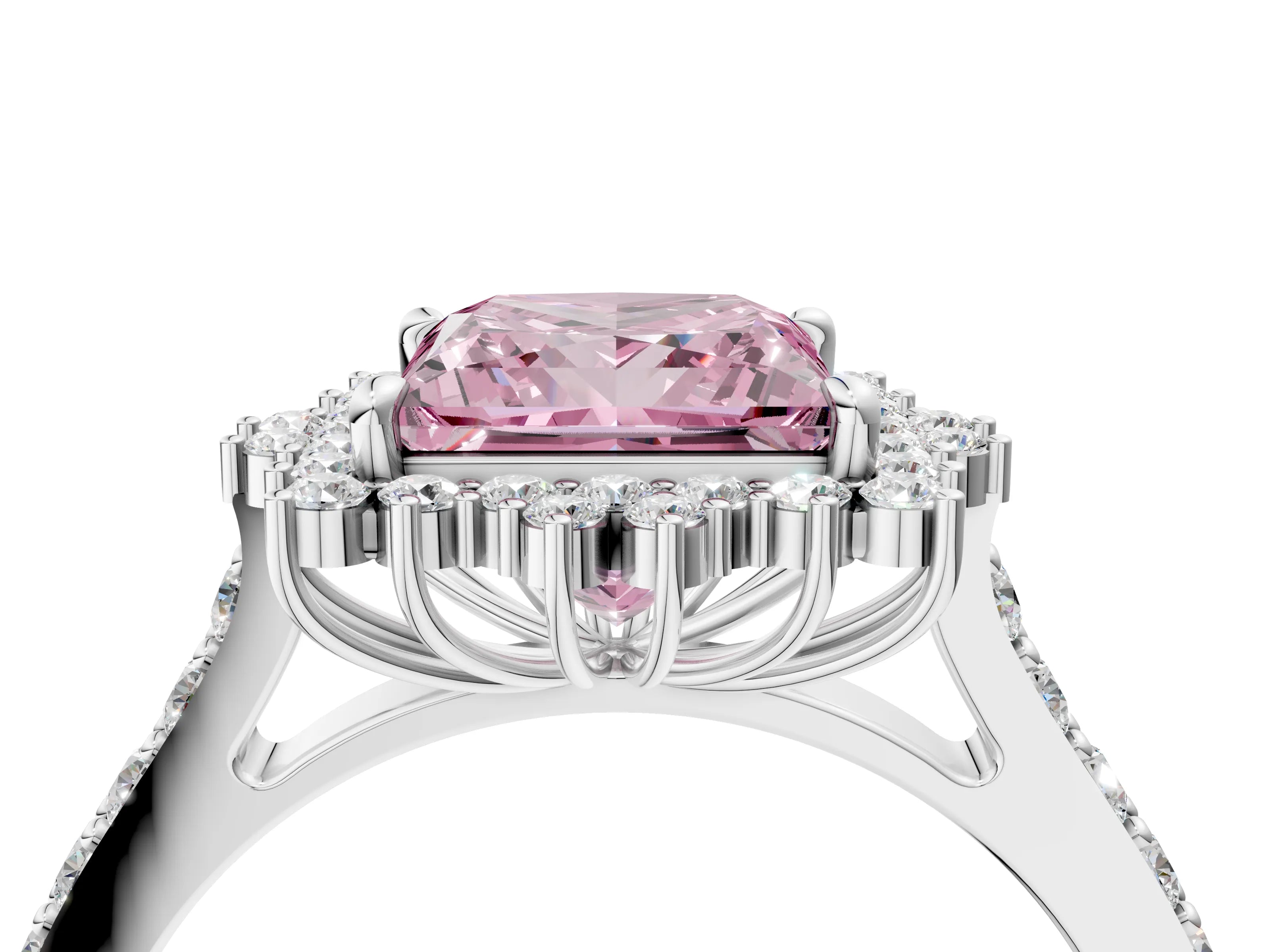 White gold Fancy Pink Princess Cut Cut Diamond Sunburst Halo Engagement Ring with Pavé Band_4