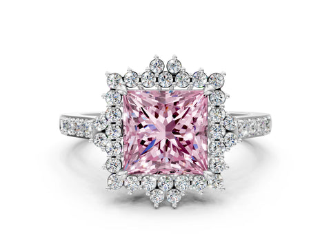 White gold Fancy Pink Princess Cut Cut Diamond Sunburst Halo Engagement Ring with Pavé Band