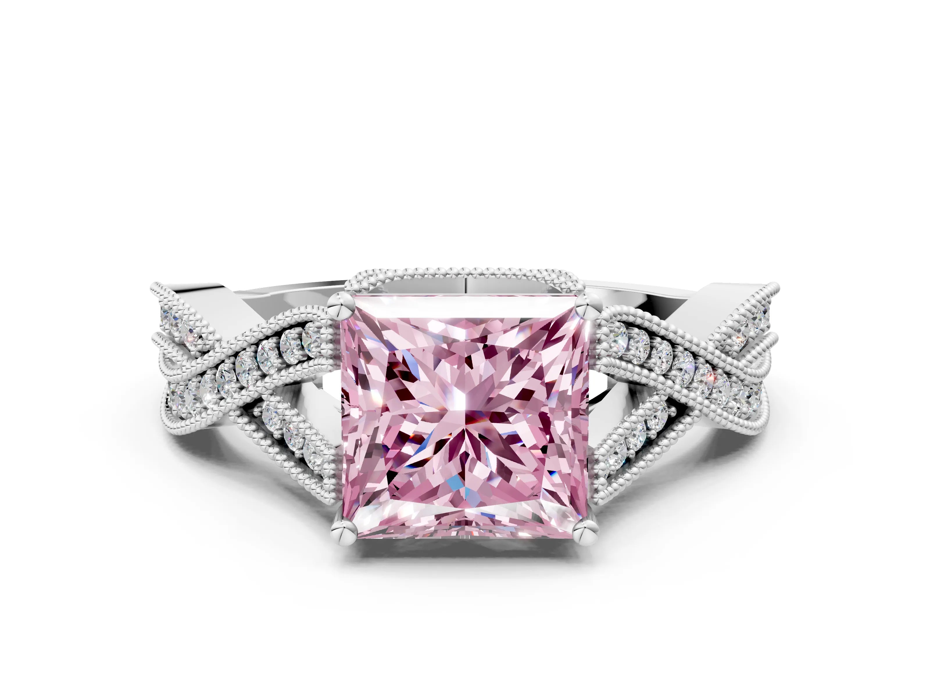 White gold Fancy Pink Princess Cut Cut Diamond Twisted Band with Milgrain Pave Setting and Four-Prong Setting_12