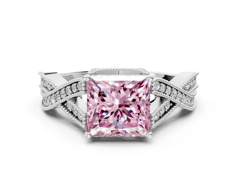 White gold Fancy Pink Princess Cut Cut Diamond Twisted Band with Milgrain Pave Setting and Four-Prong Setting_12