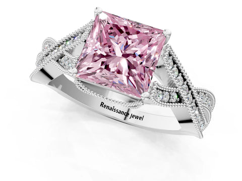 White gold Fancy Pink Princess Cut Cut Diamond Twisted Band with Milgrain Pave Setting and Four-Prong Setting_13