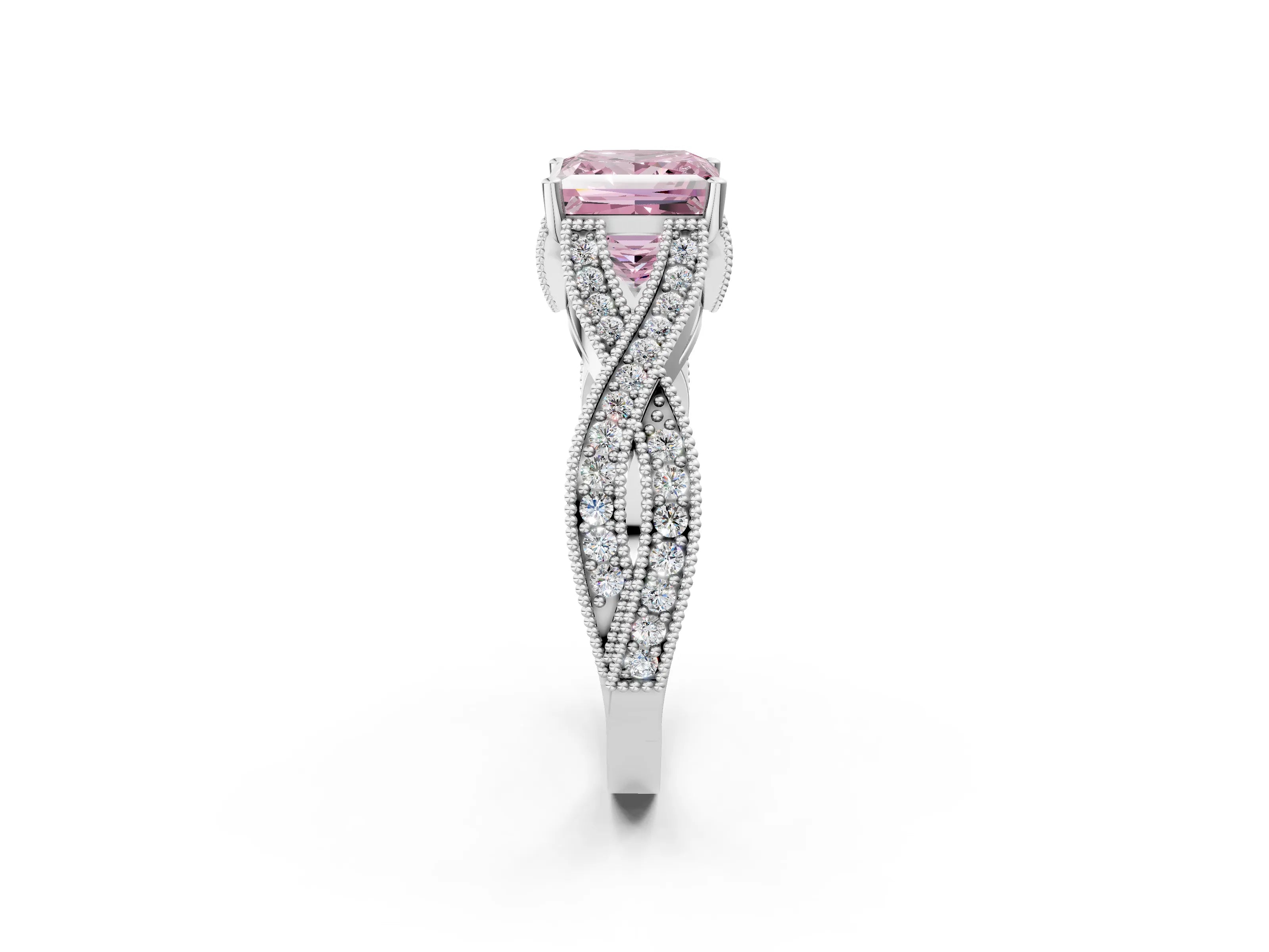 White gold Fancy Pink Princess Cut Cut Diamond Twisted Band with Milgrain Pave Setting and Four-Prong Setting_14