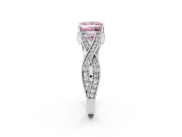White gold Fancy Pink Princess Cut Cut Diamond Twisted Band with Milgrain Pave Setting and Four-Prong Setting