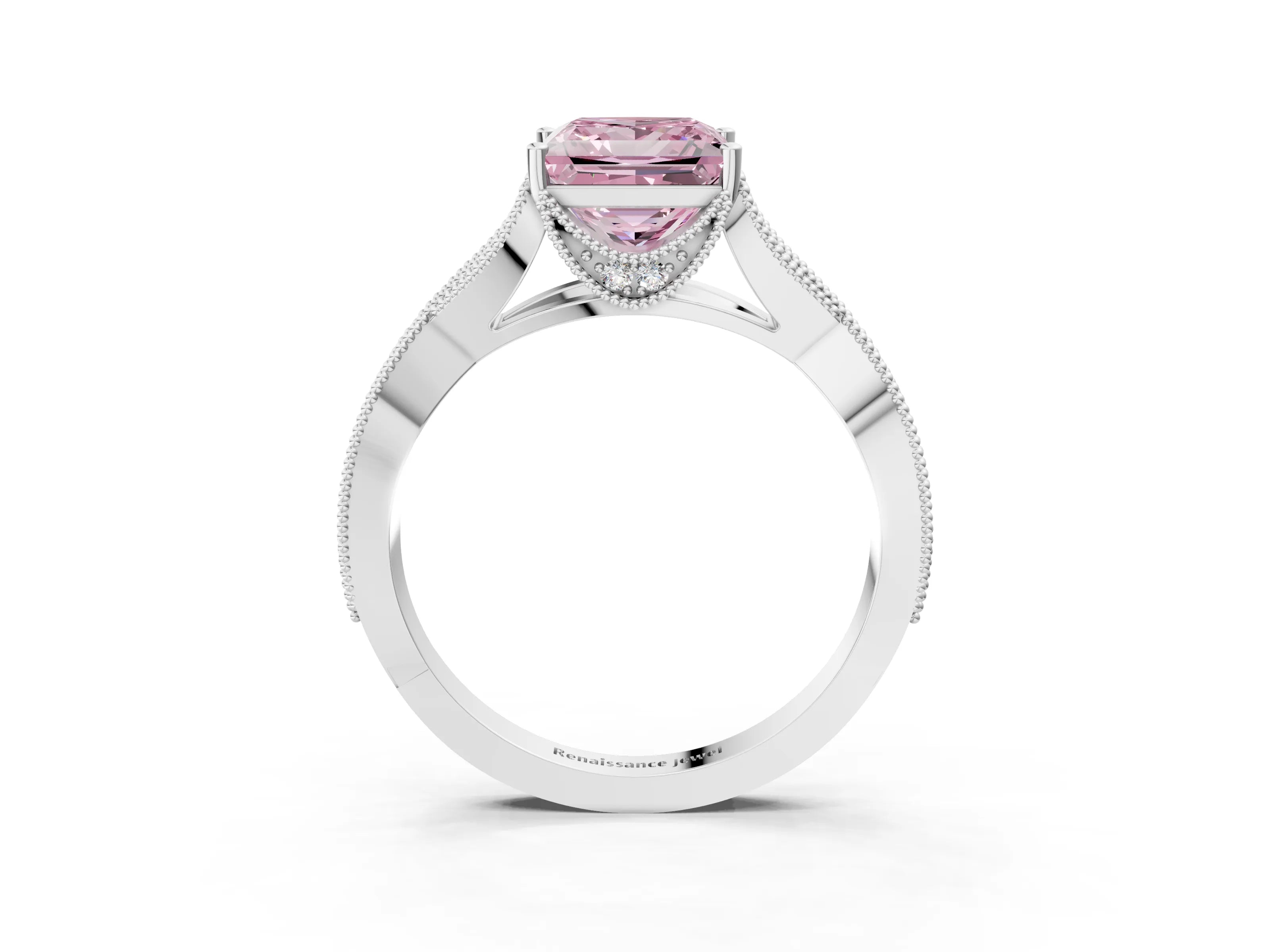 White gold Fancy Pink Princess Cut Cut Diamond Twisted Band with Milgrain Pave Setting and Four-Prong Setting_15
