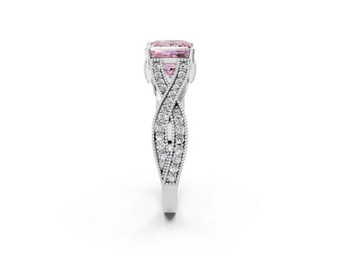 White gold Fancy Pink Princess Cut Cut Diamond Twisted Band with Milgrain Pave Setting and Four-Prong Setting_3