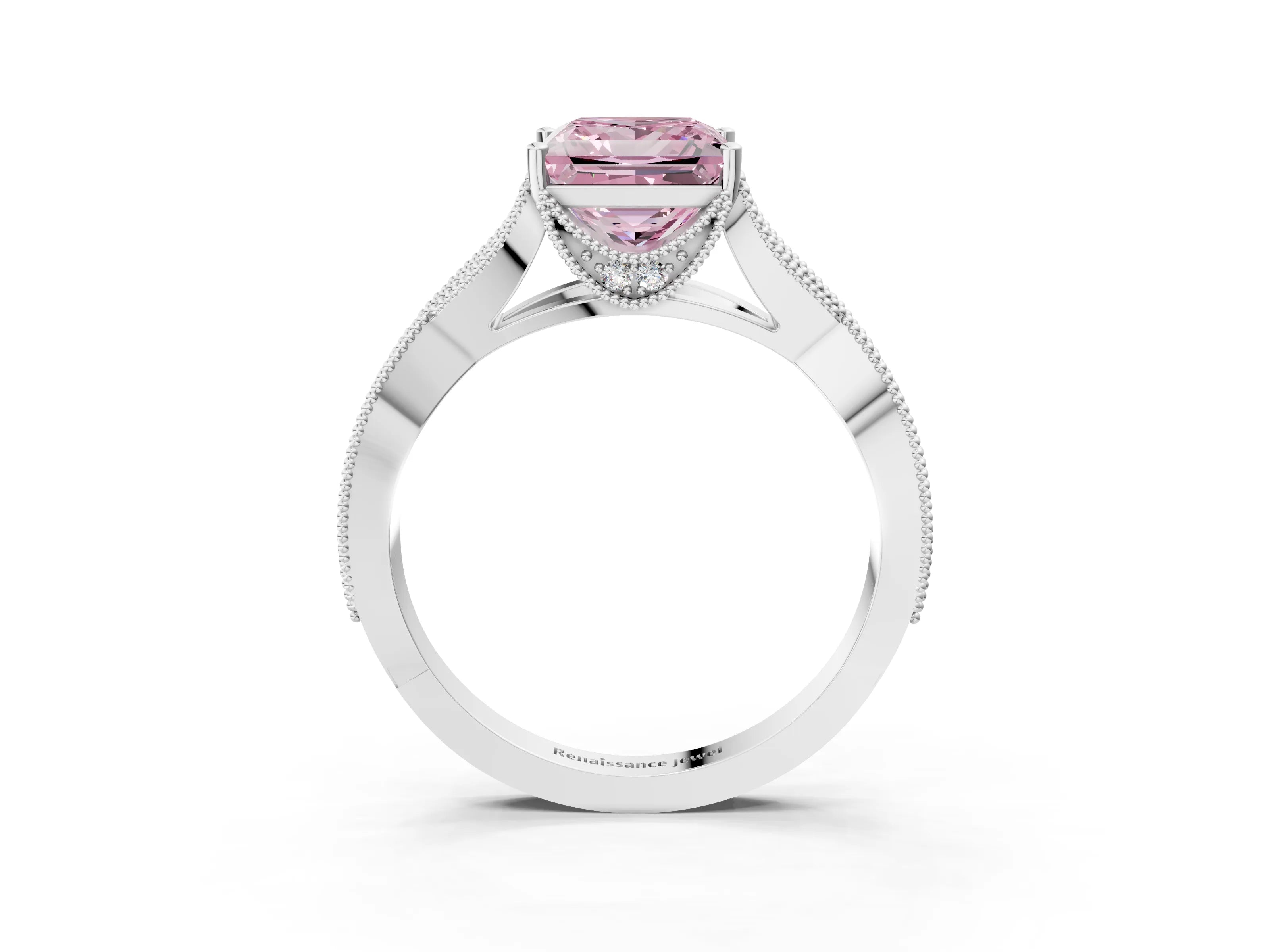 White gold Fancy Pink Princess Cut Cut Diamond Twisted Band with Milgrain Pave Setting and Four-Prong Setting_4