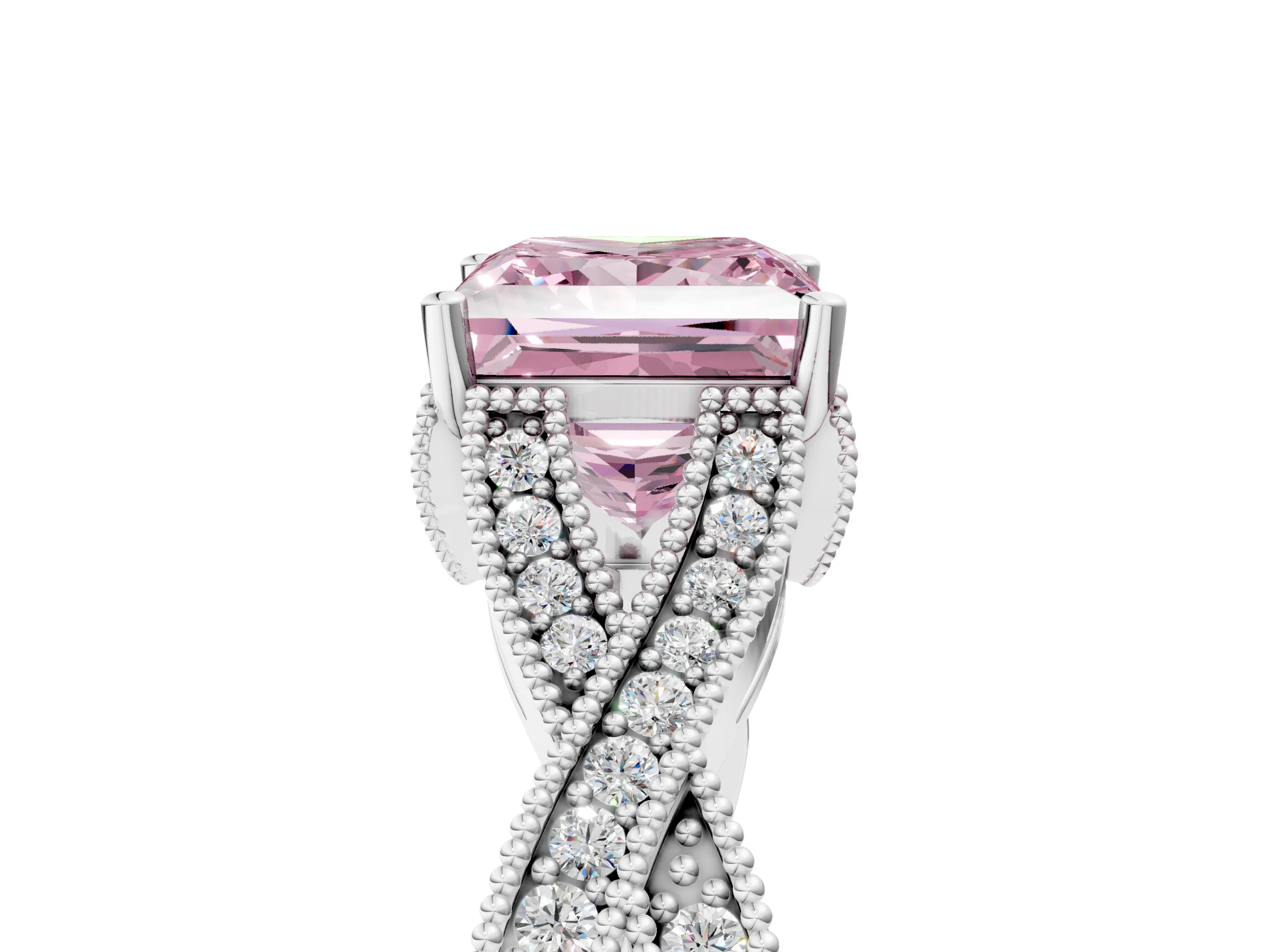 White gold Fancy Pink Princess Cut Cut Diamond Twisted Band with Milgrain Pave Setting and Four-Prong Setting_5