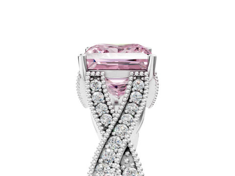White gold Fancy Pink Princess Cut Cut Diamond Twisted Band with Milgrain Pave Setting and Four-Prong Setting_5