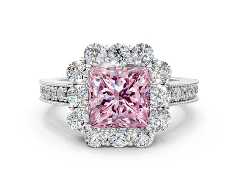 White gold Fancy Pink Princess Cut Cut Halo Diamond Pavé Engagement Ring with Milgrain Detailing_12