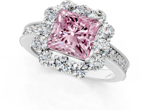 White gold Fancy Pink Princess Cut Cut Halo Diamond Pavé Engagement Ring with Milgrain Detailing_13