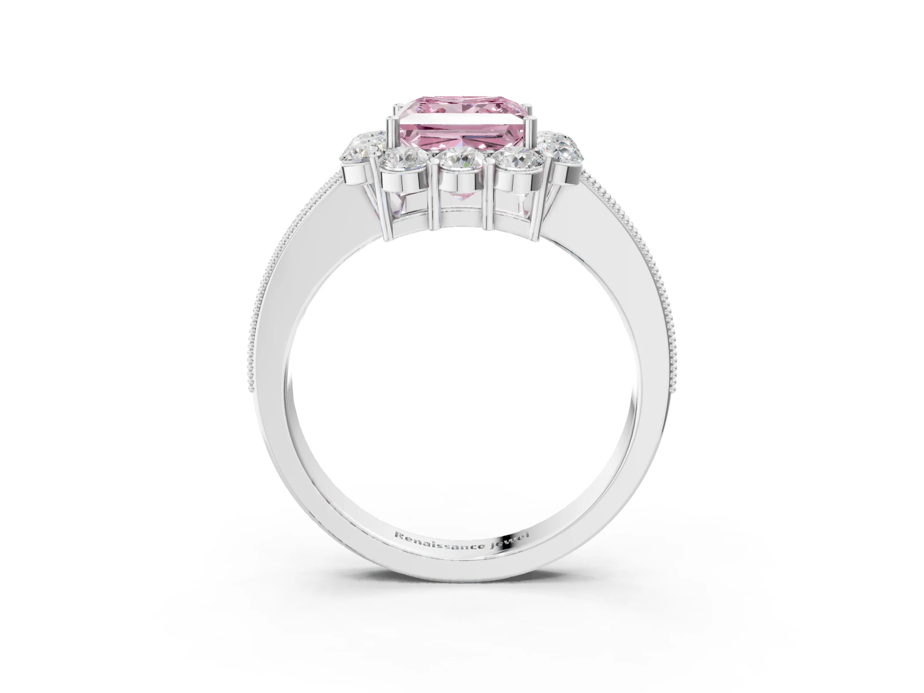 White gold Fancy Pink Princess Cut Cut Halo Diamond Pavé Engagement Ring with Milgrain Detailing_15