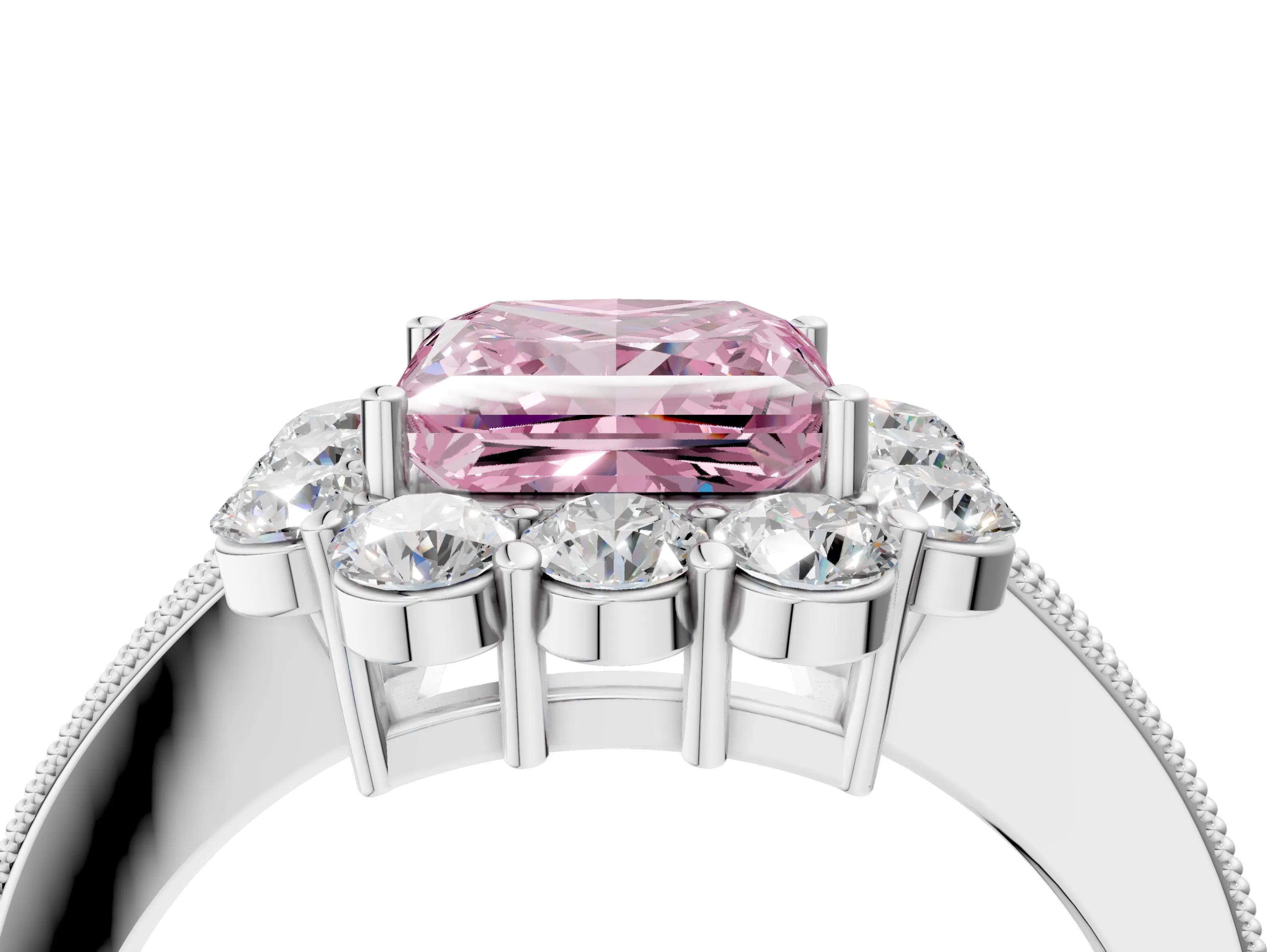 White gold Fancy Pink Princess Cut Cut Halo Diamond Pavé Engagement Ring with Milgrain Detailing_16