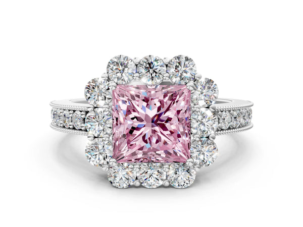 White gold Fancy Pink Princess Cut Cut Halo Diamond Pavé Engagement Ring with Milgrain Detailing