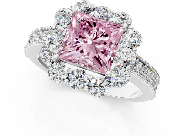 White gold Fancy Pink Princess Cut Cut Halo Diamond Pavé Engagement Ring with Milgrain Detailing
