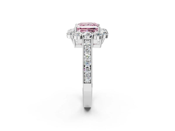 White gold Fancy Pink Princess Cut Cut Halo Diamond Pavé Engagement Ring with Milgrain Detailing