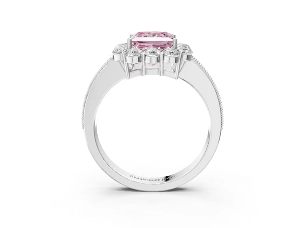 White gold Fancy Pink Princess Cut Cut Halo Diamond Pavé Engagement Ring with Milgrain Detailing