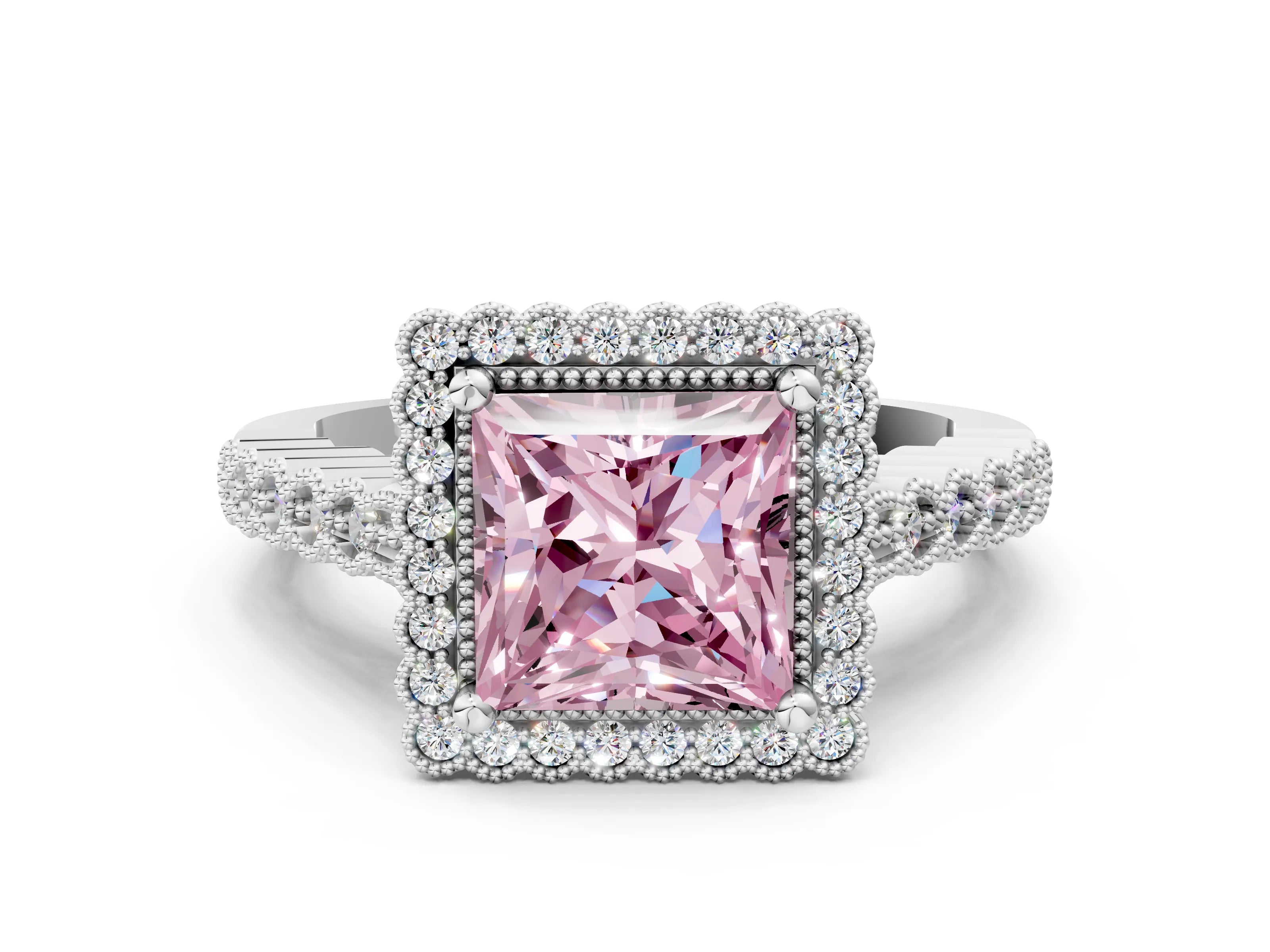 White gold Fancy Pink Princess Cut Cut Halo Pavé Solitaire Ring with Milgrain Band_12