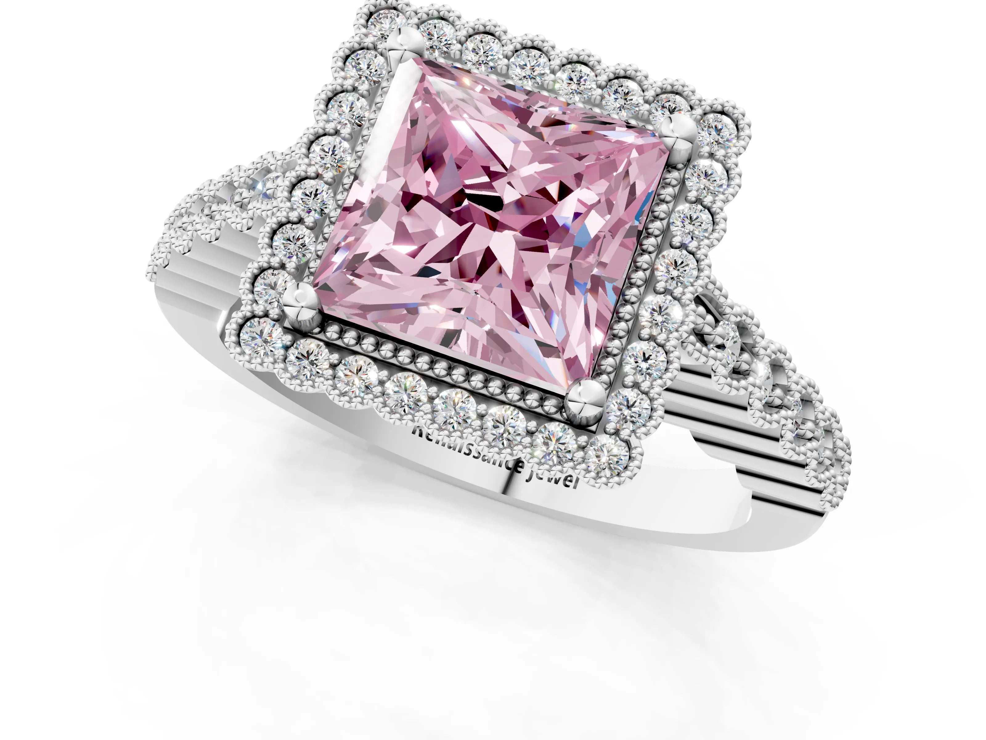 White gold Fancy Pink Princess Cut Cut Halo Pavé Solitaire Ring with Milgrain Band_13