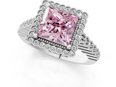 White gold Fancy Pink Princess Cut Cut Halo Pavé Solitaire Ring with Milgrain Band_13