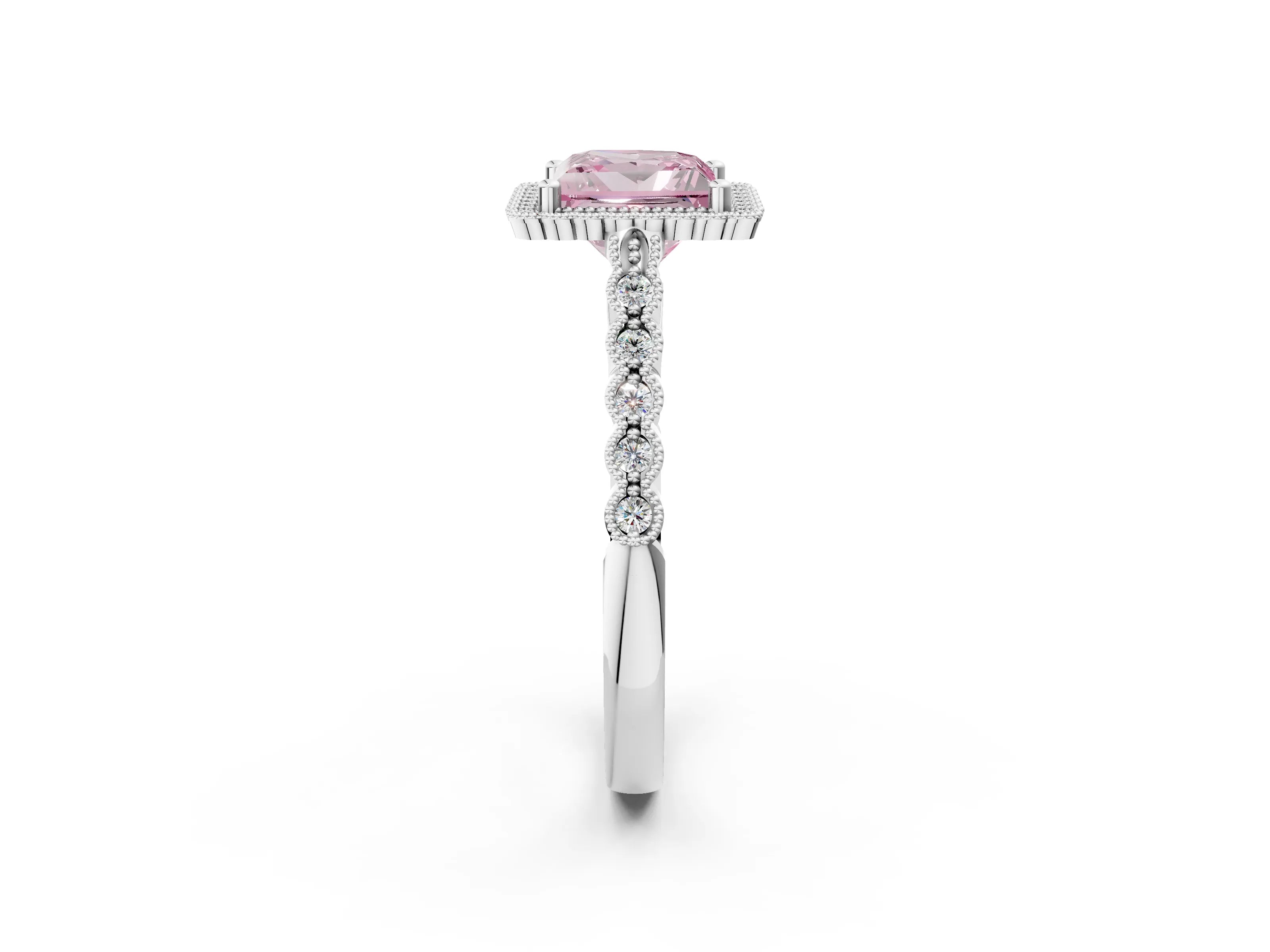 White gold Fancy Pink Princess Cut Cut Halo Pavé Solitaire Ring with Milgrain Band_14