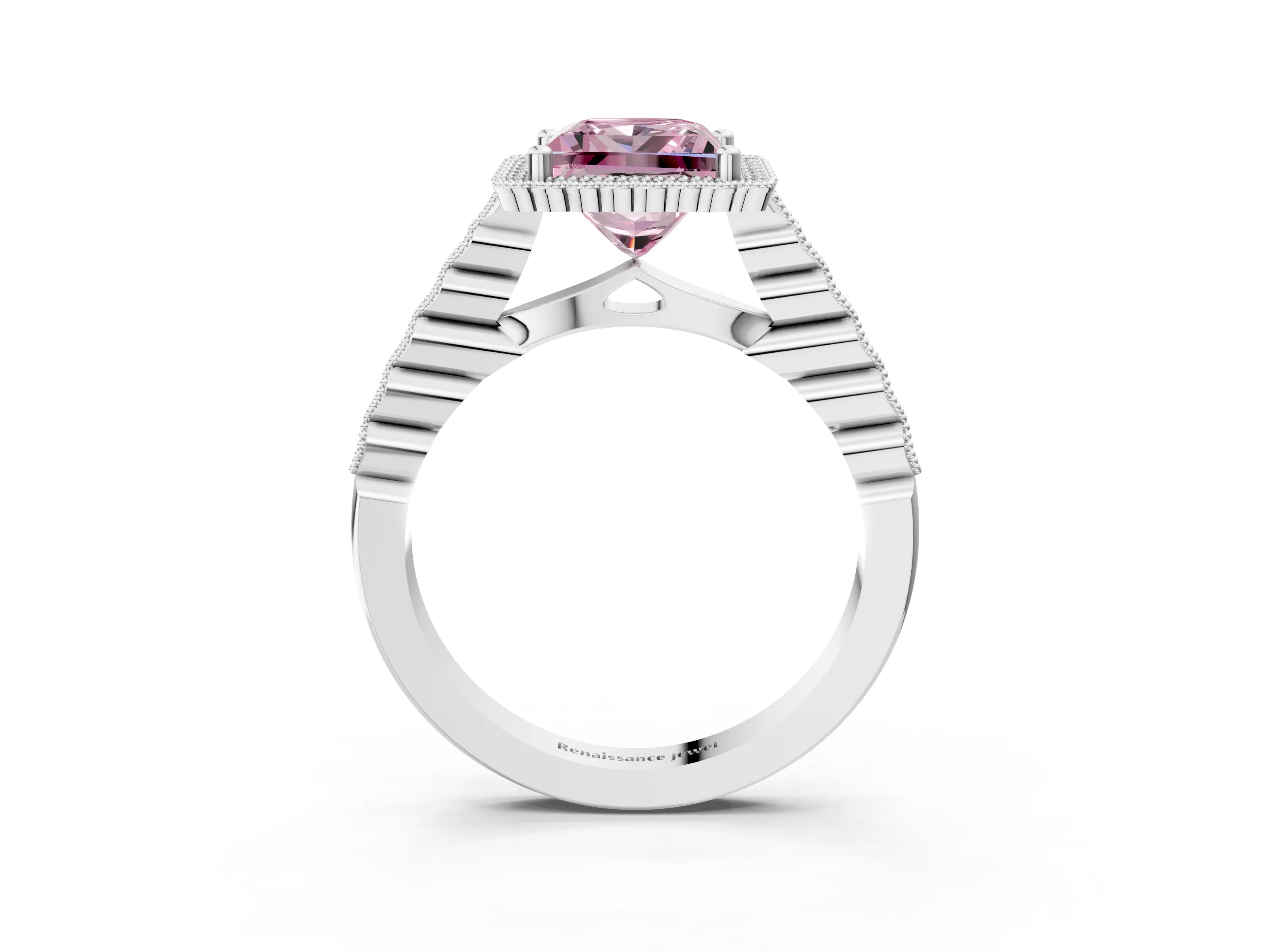 White gold Fancy Pink Princess Cut Cut Halo Pavé Solitaire Ring with Milgrain Band_15
