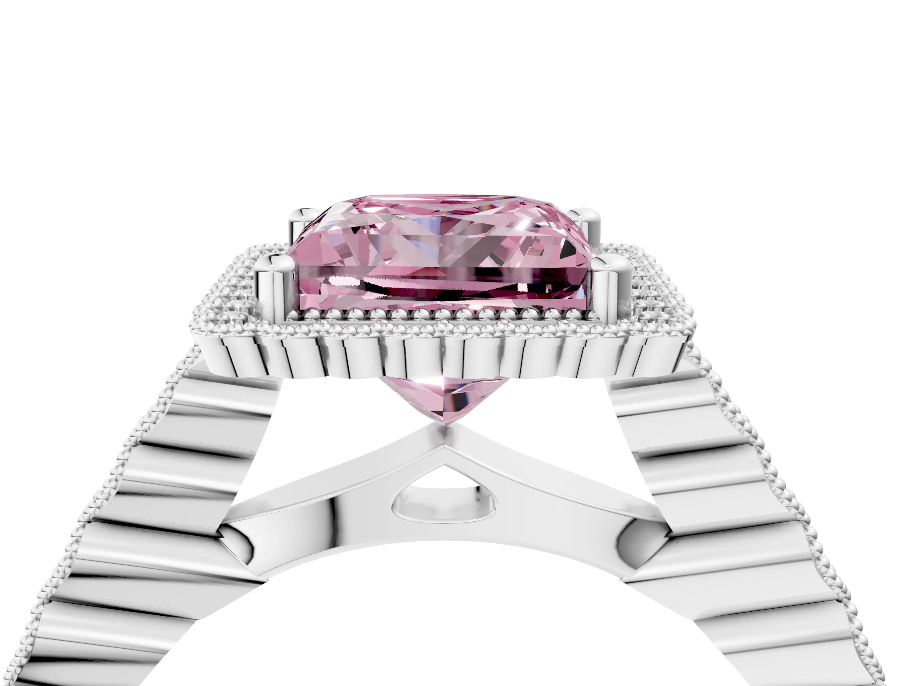 White gold Fancy Pink Princess Cut Cut Halo Pavé Solitaire Ring with Milgrain Band_16