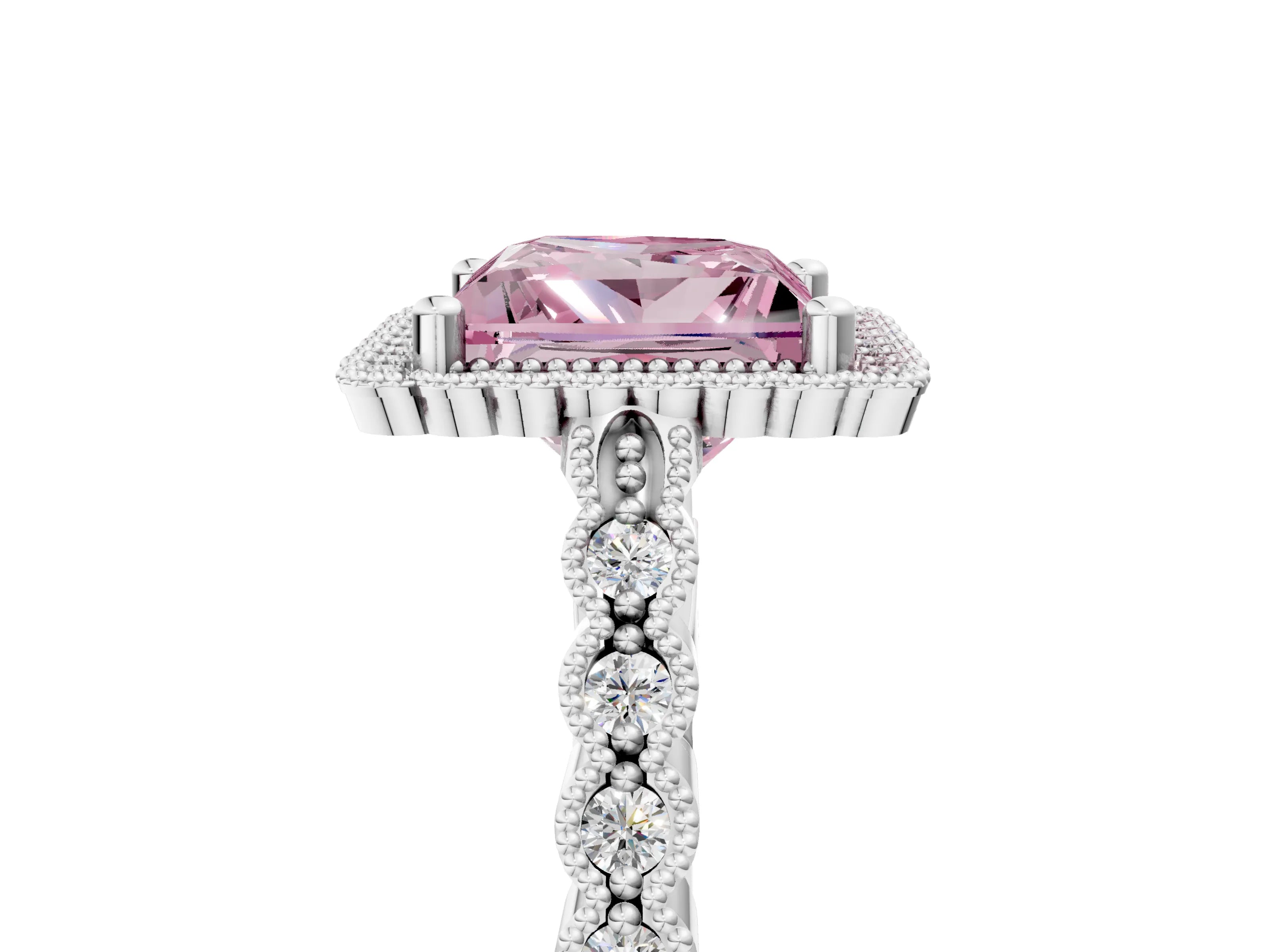 White gold Fancy Pink Princess Cut Cut Halo Pavé Solitaire Ring with Milgrain Band_17