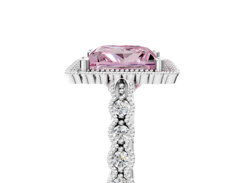 White gold Fancy Pink Princess Cut Cut Halo Pavé Solitaire Ring with Milgrain Band_17