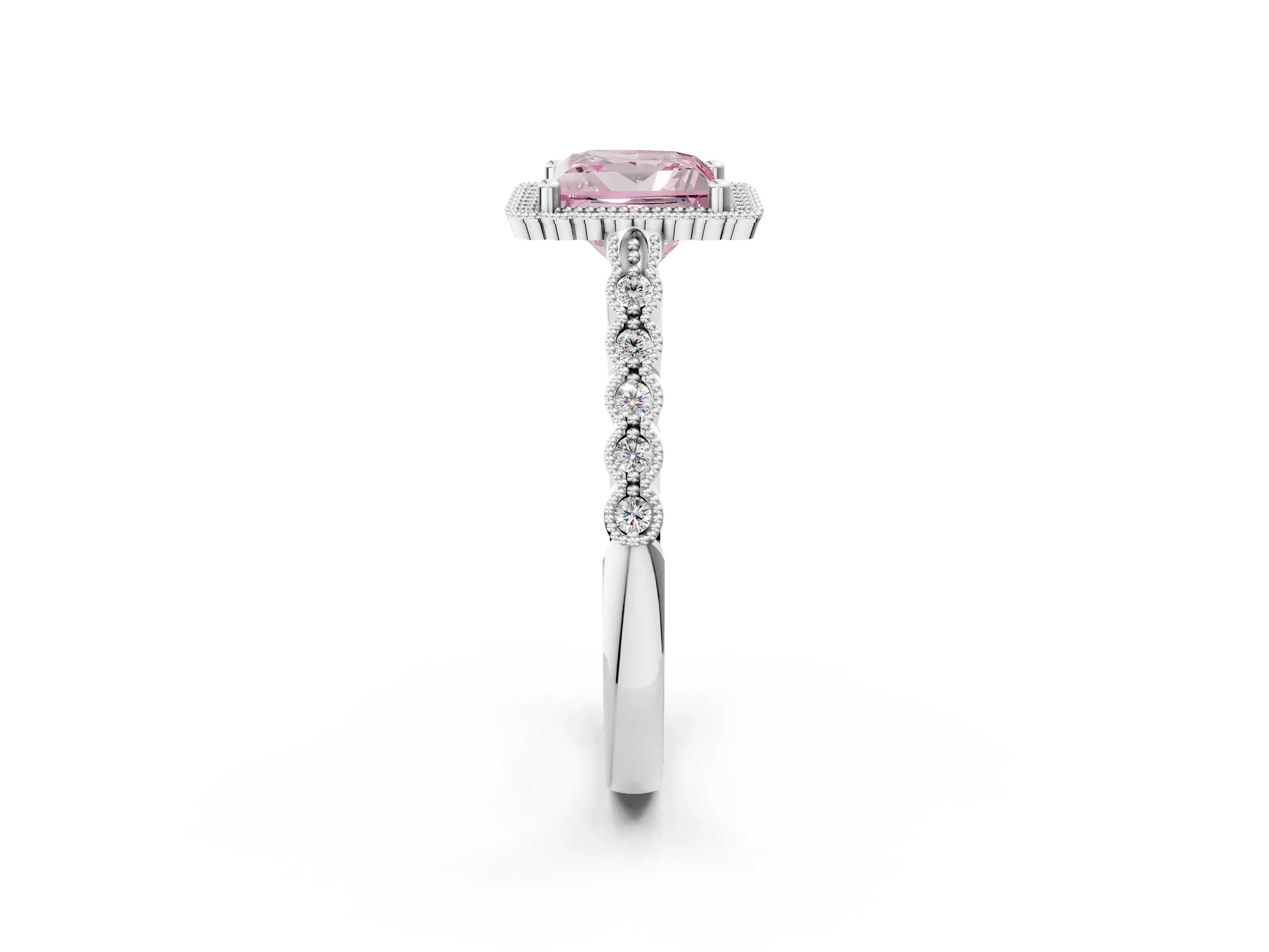 White gold Fancy Pink Princess Cut Cut Halo Pavé Solitaire Ring with Milgrain Band_2
