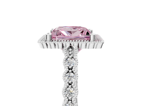 White gold Fancy Pink Princess Cut Cut Halo Pavé Solitaire Ring with Milgrain Band_5
