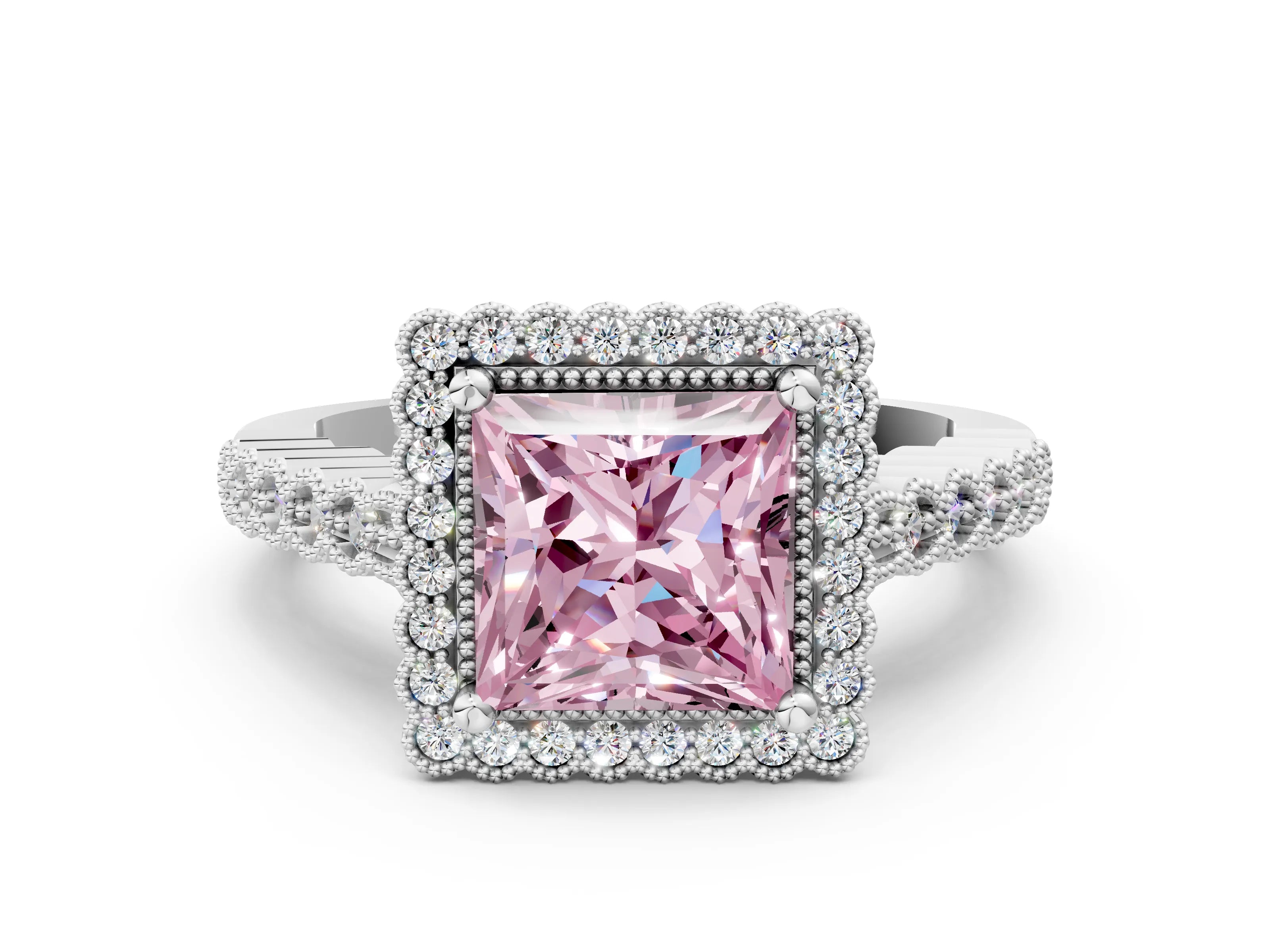 White gold Fancy Pink Princess Cut Cut Halo Pavé Solitaire Ring with Milgrain Band