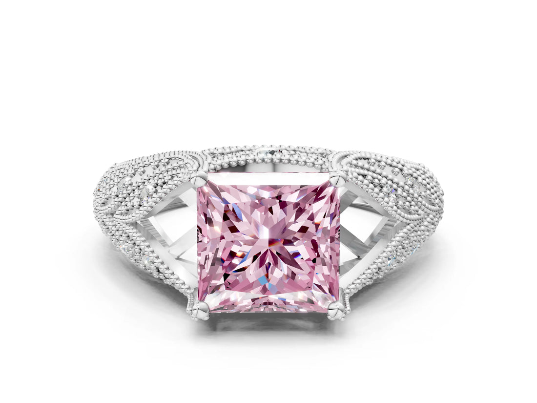 White gold Fancy Pink Princess Cut Cut Milgrain Pave Diamond Engagement Ring with Four-Prong Setting_15
