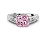 White gold Fancy Pink Princess Cut Cut Pave Band Milgrain Solitaire Ring