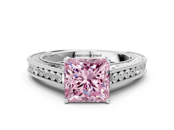 Platinum Princess Cut Vintage Pave Engagement Ring Setting for Fancy Pink Center