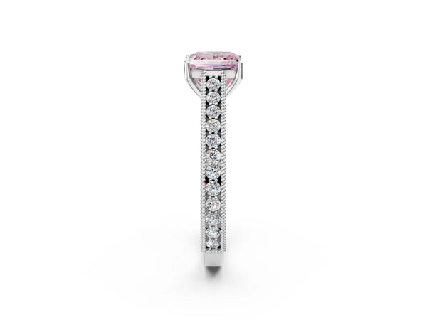Platinum Princess Cut Vintage Pave Engagement Ring Setting for Fancy Pink Center
