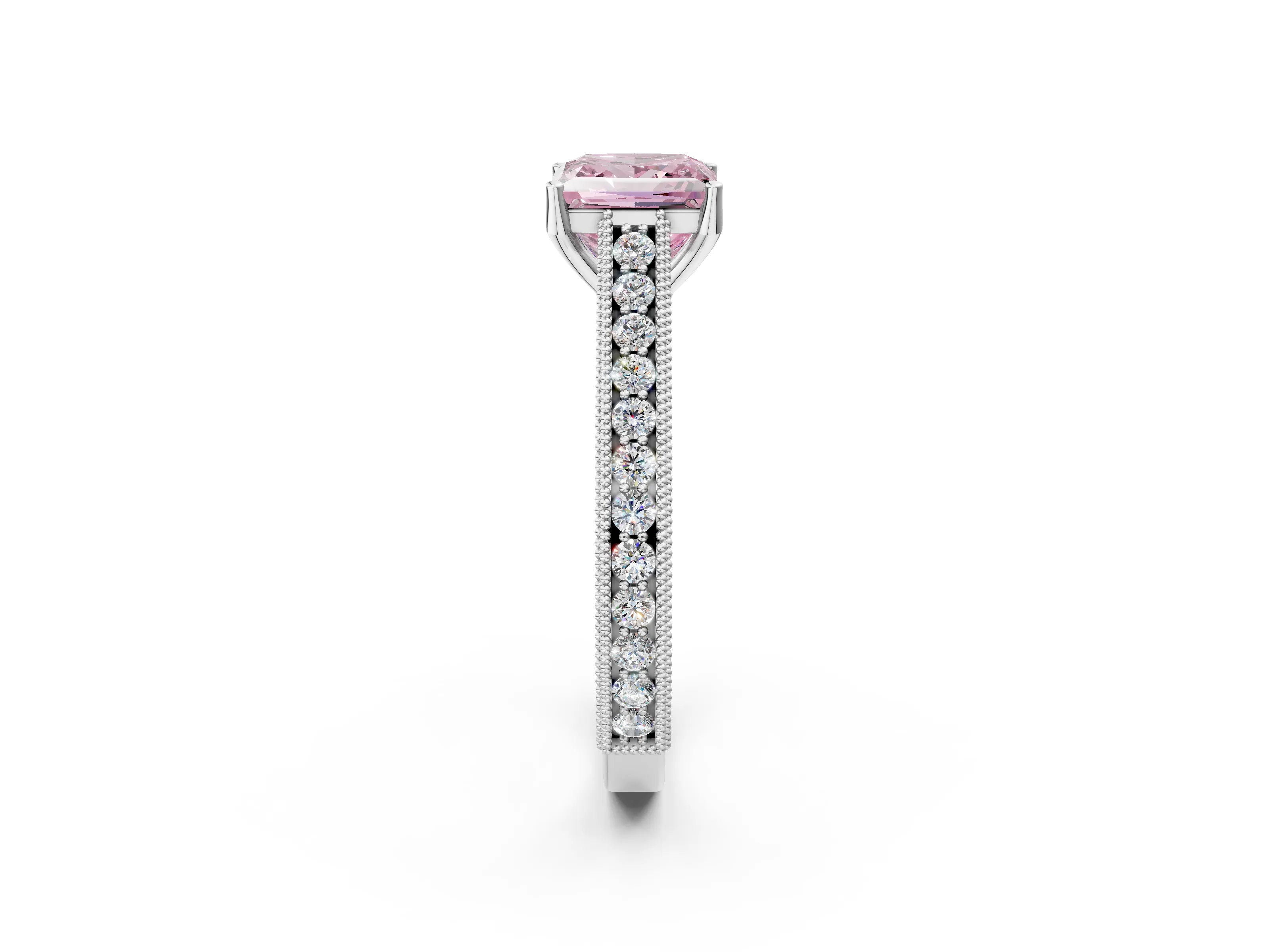 White gold Fancy Pink Princess Cut Cut Pave Band Milgrain Solitaire Ring_2