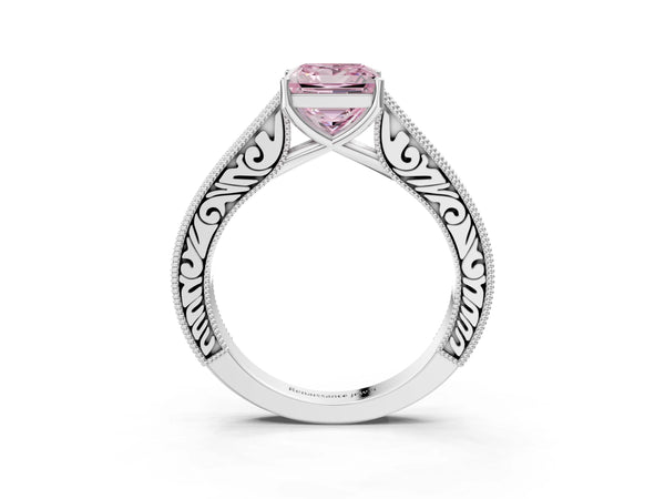 Platinum Princess Cut Vintage Pave Engagement Ring Setting for Fancy Pink Center