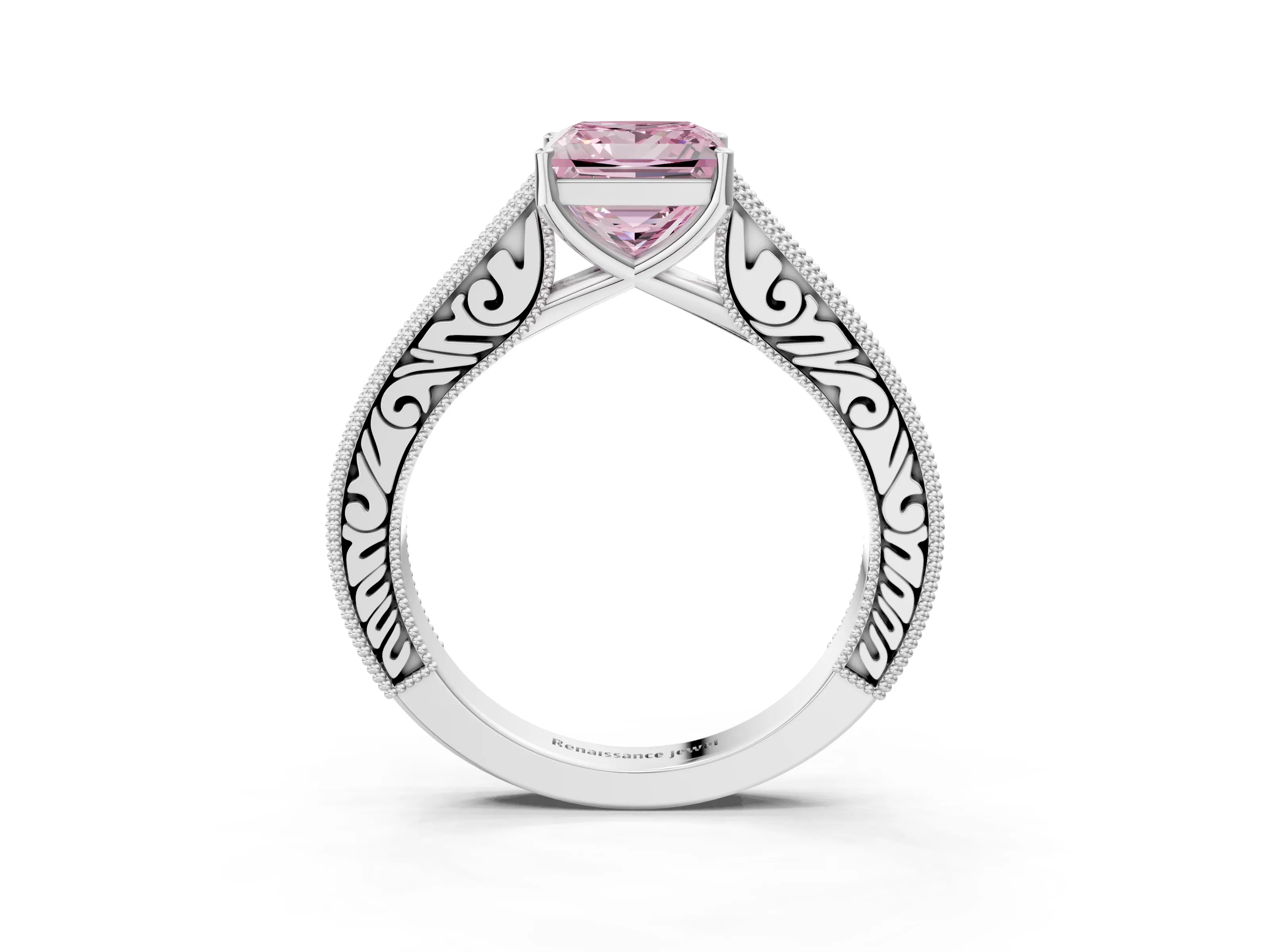 White gold Fancy Pink Princess Cut Cut Pave Band Milgrain Solitaire Ring_3