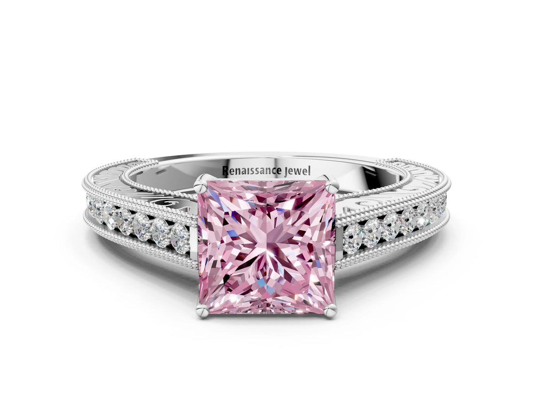 White gold Fancy Pink Princess Cut Cut Pave Band Milgrain Solitaire Ring