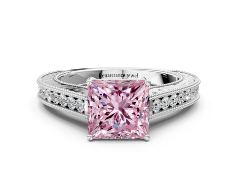 White gold Fancy Pink Princess Cut Cut Pave Band Milgrain Solitaire Ring