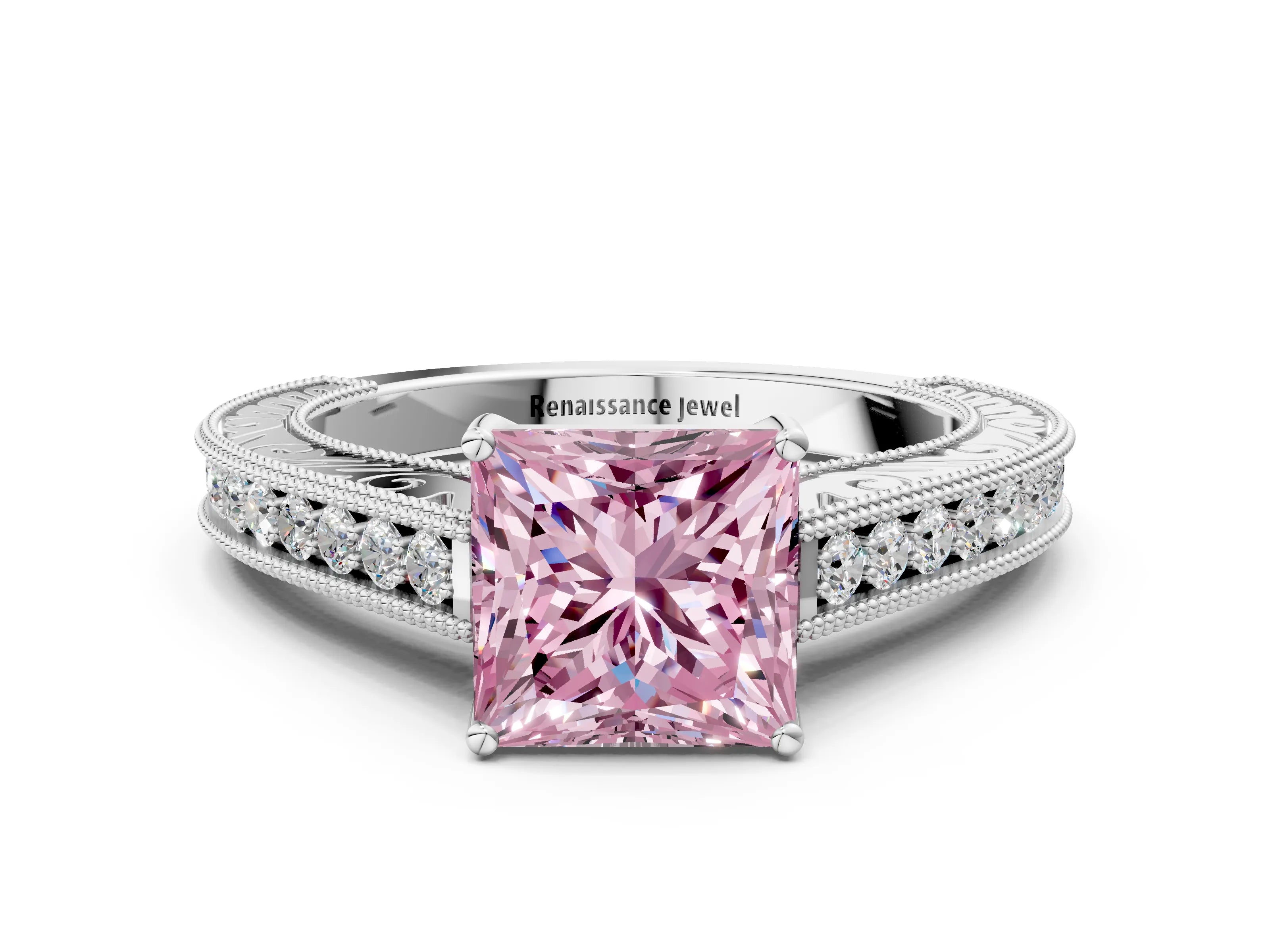 White gold Fancy Pink Princess Cut Cut Pave Band Milgrain Solitaire Ring