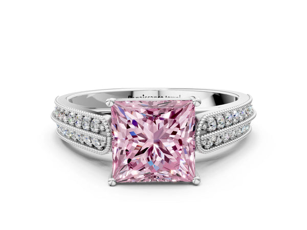 White gold Fancy Pink Princess Cut Cut Pave Split Shank Engagement Ring with Four-Prong Setting